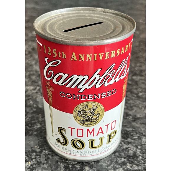 Vintage Campbell's Tomato Soup Coin Bank Tin Can 125TH Anniversary 4” Advert - Picture 1 of 4